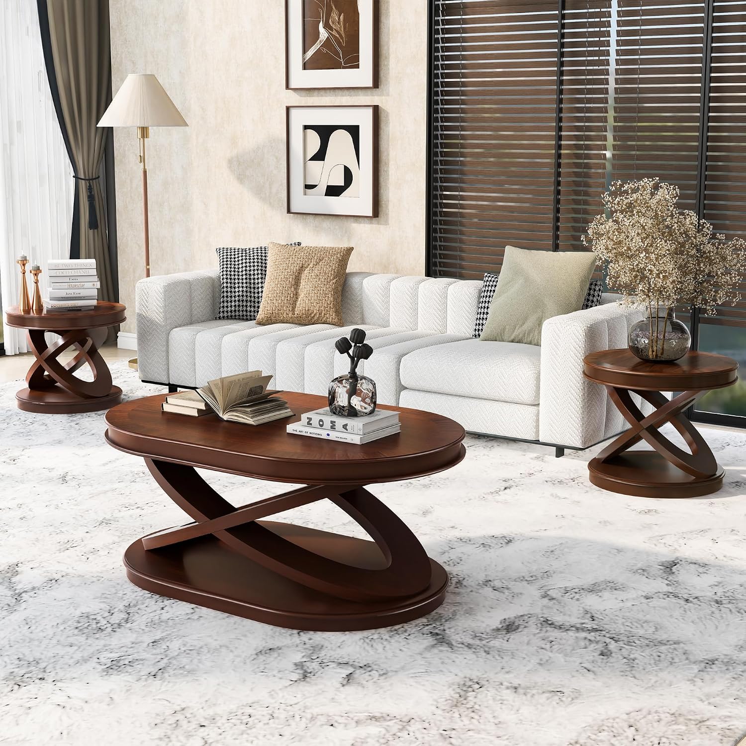 Retro Coffee Table Sets 3 s, Wood Living Room Table Set Include 44" Oval Coffee Table, Round End Table Set of 2, Walnut