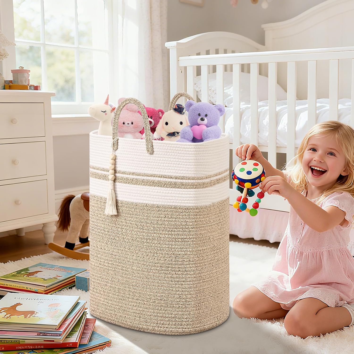 Woven Laundry Basket for Clothes, 80 L Large Rectangle Laundry Hampers with Beads Tassel, Nursery Storage Basket for Toys, Tall Dirty Clothes Hamper for Bedroom Aesthetic, Laundry Room Organization