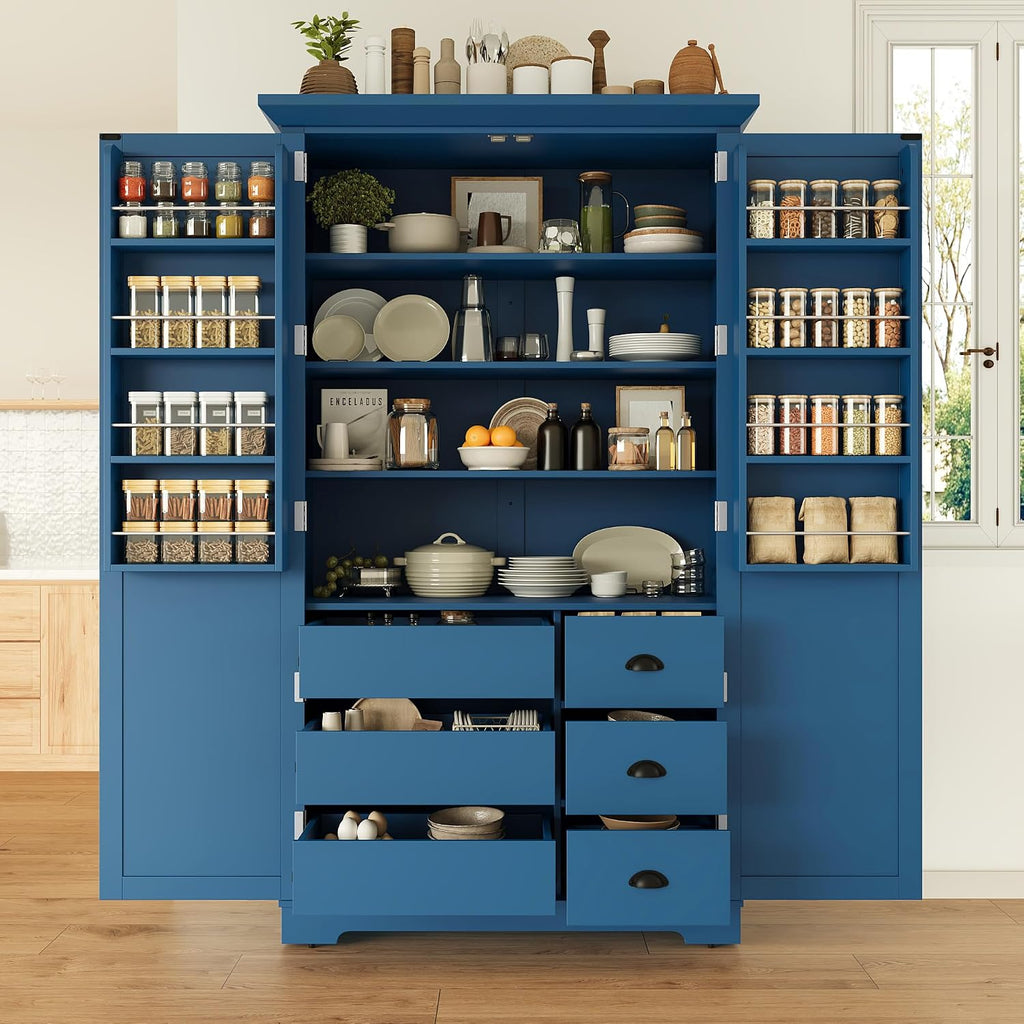 Merax 72" Tall Shaker Style Kitchen Pantry with 3 Drawers, Adjustable Shelves, Wood Cupboard Dining Storage Cabinet with Door Shelves and Pull-Out Trays for Living Room, Kitchen, Dining Room Blue