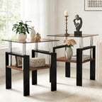 Glass Side Table Set of 2, Small 2-Tier End Table with Tempered Glass Top and Metal Legs, Clear Small Corner Table for Living Room, Bedroom, Apartment (Brown+Black)