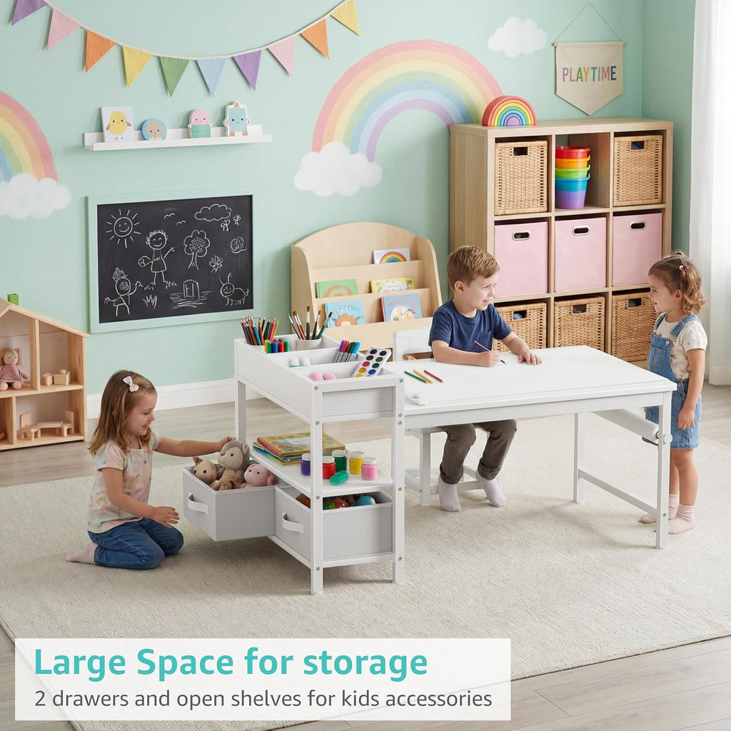 BOLUO Kids Art Table and Chair Set, Toddler Craft Table with Storage Drawers, Play Desk for Kids, Children Activity Learning Center, White