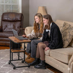 C Shaped End Table with Charging Station, Adjustable Height with Lockable Wheels & Storage Pouch, Rolling Side Table Slide Under Couch Laptop Desk, Small Sofa Table for Living Room (Small)