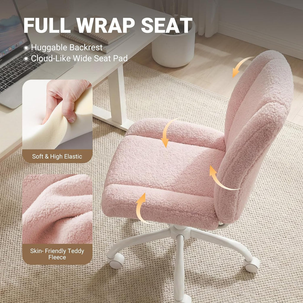 Vanity Chair with Wheels, Armless Office Chair Height Adjustable, Cute Desk Chair with Soft Lumbar Support for Small Space, Bedroom, Make-up Room, Pink