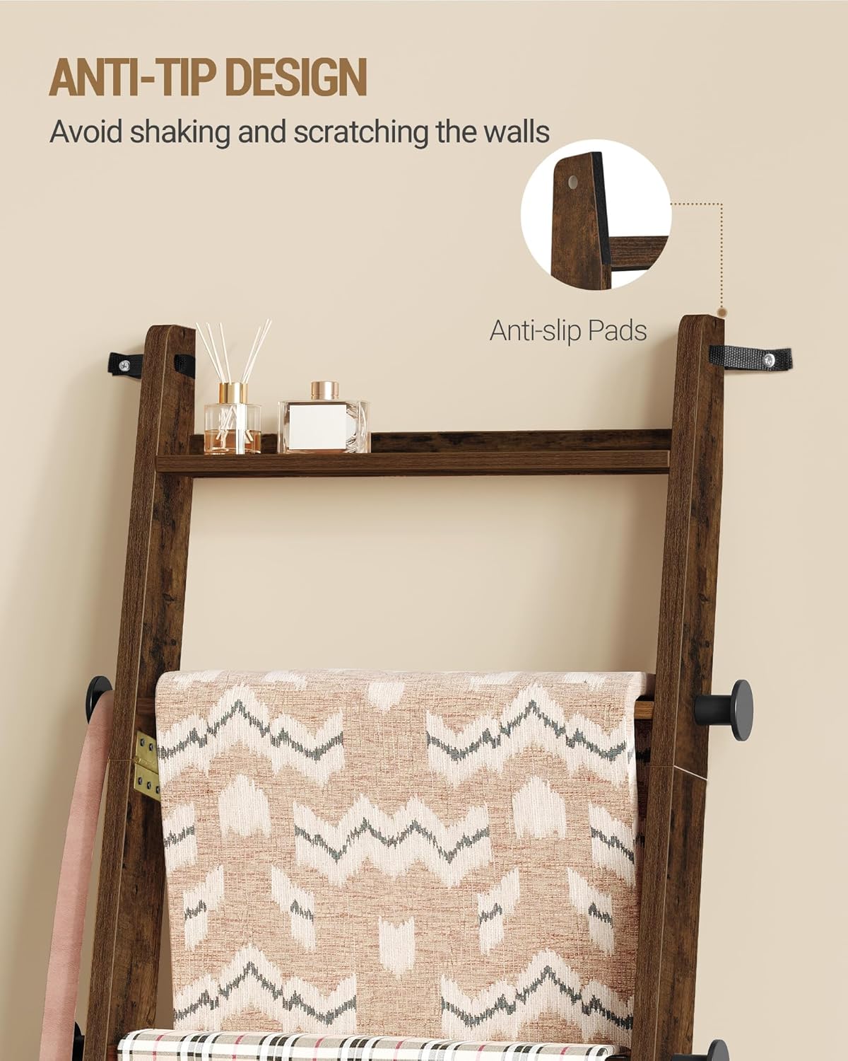 Hzuaneri Blanket Ladder for Living Room, Decorative Quilt Rack with 4 Removable Hooks, 5-Tier Blanket Ladder Shelf for Bedroom,Rustic Brown BR30501X