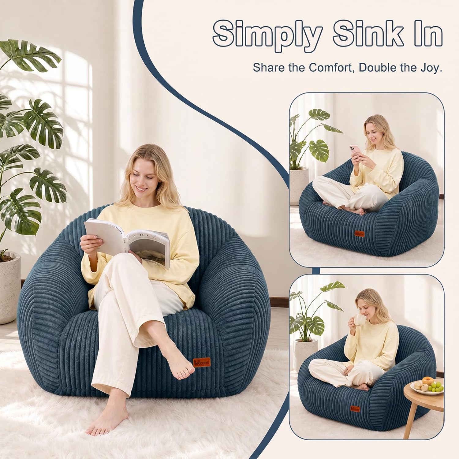 Bean Bag Chair with Armrests, Comfy Corduroy Bean Bag with Removable Cover, Handle for Adults, Oversized Floor Beanbag Couch for Living Room Bedroom Dorm (XL-Blue)