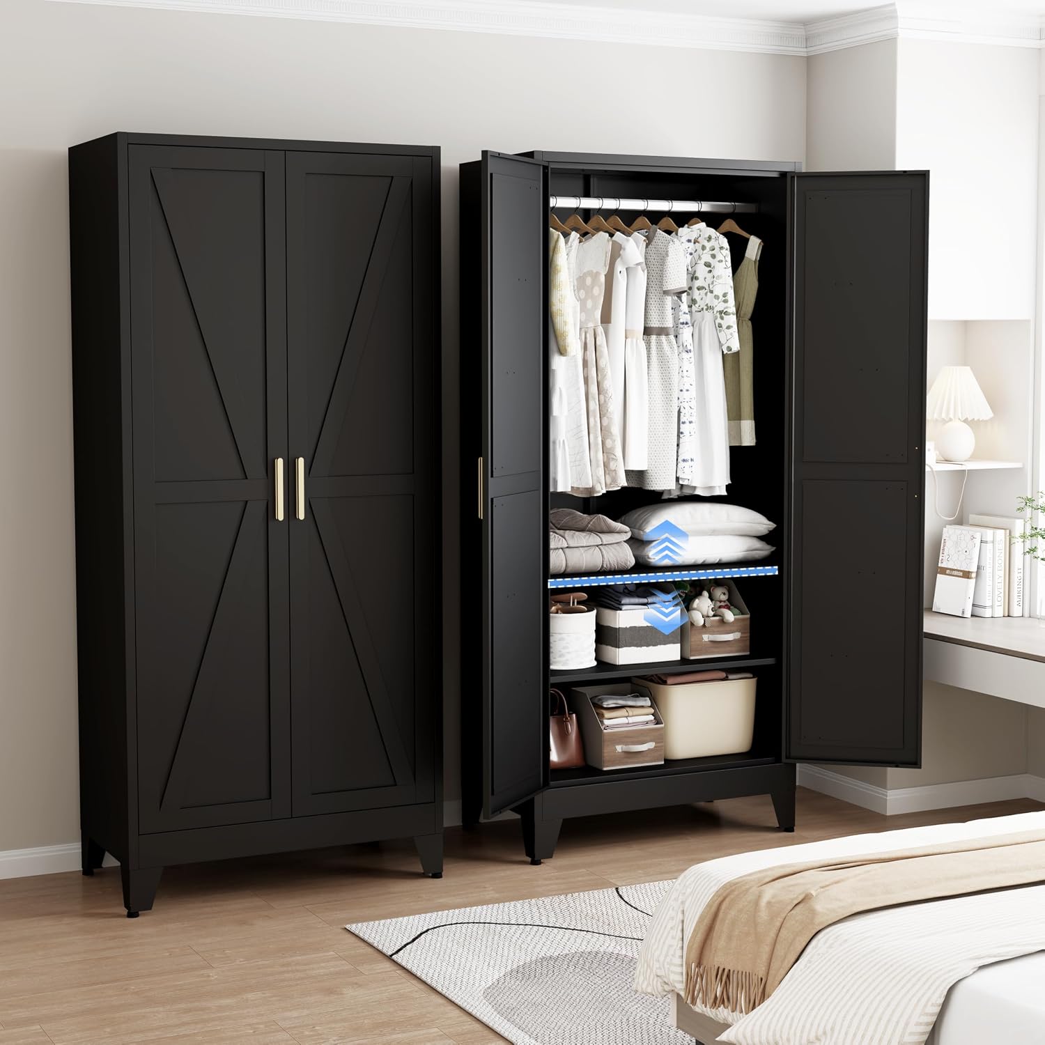 71" Armoire Wardrobe Closet, Metal Wardrobe Closet with Hanging Rod | Wardrobe Closet with Doors, Wardrobe Cabinet with Adjustable Shelves, Clothing Storage Cabinet for Bedroom, Office, Black