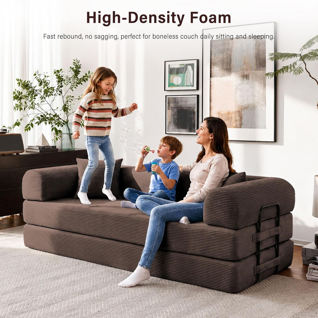 79" Convertible Sofa Bed, 5-in-1 Corduroy Boneless Couch Bed Sofa Pull Out, Memory Foam Couch, No Assembly Futon Couches for Living Room (Brown)
