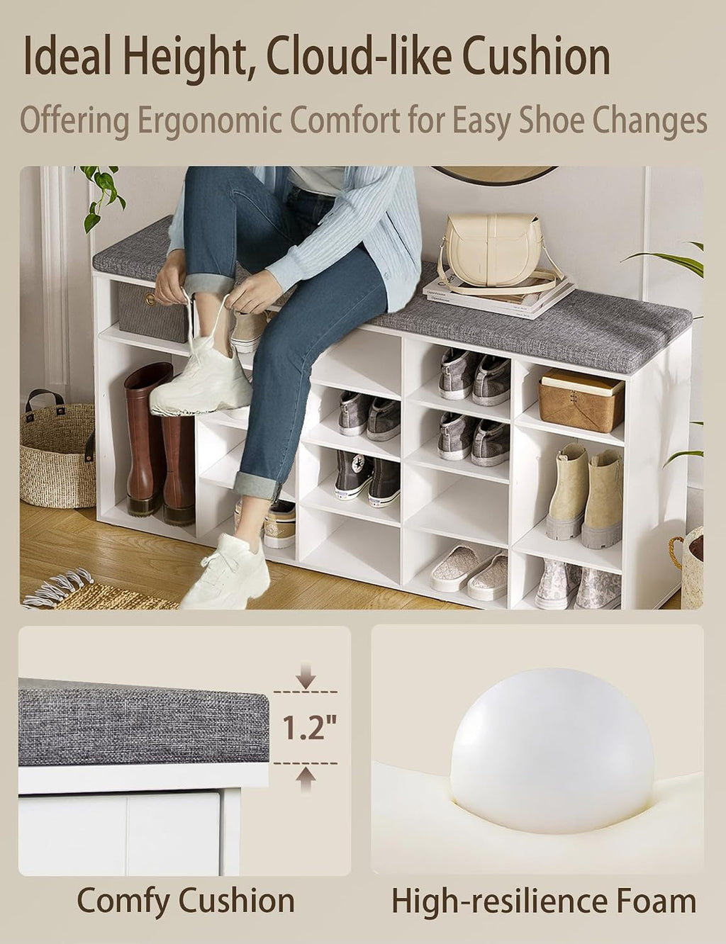 DINZI LVJ Shoe Storage Bench, 20-Cubby Shoe Rack Bench with Cushion, Fully Adjustable Shelves, Shoe Organizer for Closet, Entryway, Mudroom, Hallway and Garage, White