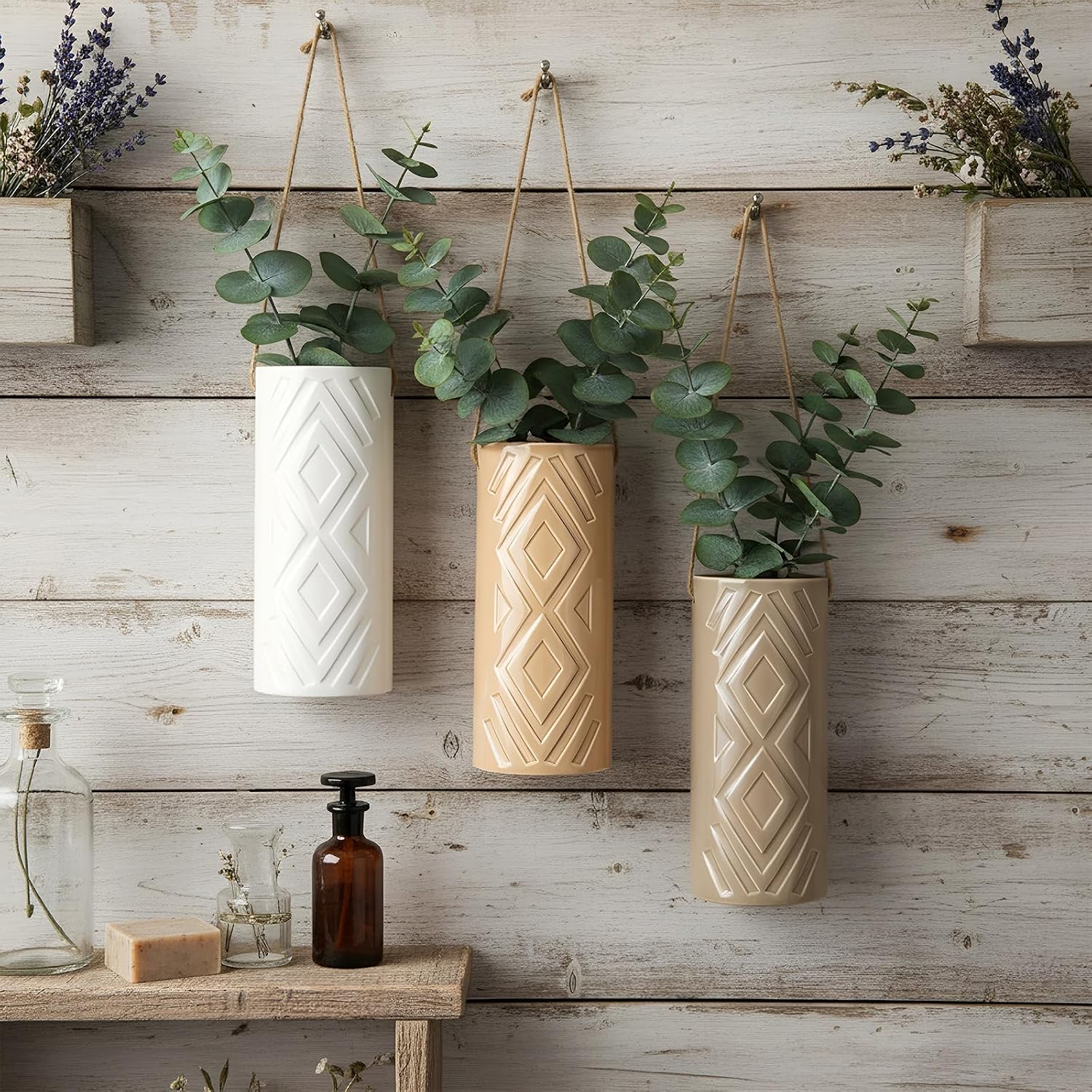 Ceramic Boho Wall Vases Set of 3, 7.9 Inch Modern Hanging Vase for Living Room Bedroom, Farmhouse Art Wall Decor Geometric Minimalist Hanging Flower Vase, Women