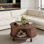 Small Round Coffee Table with Storage, 31.5" Mid Century Modern Coffee Tables with 180° Sliding Cabinet Door, Fluted Circle Drum Center Table for Living Room Small Space, Walnut
