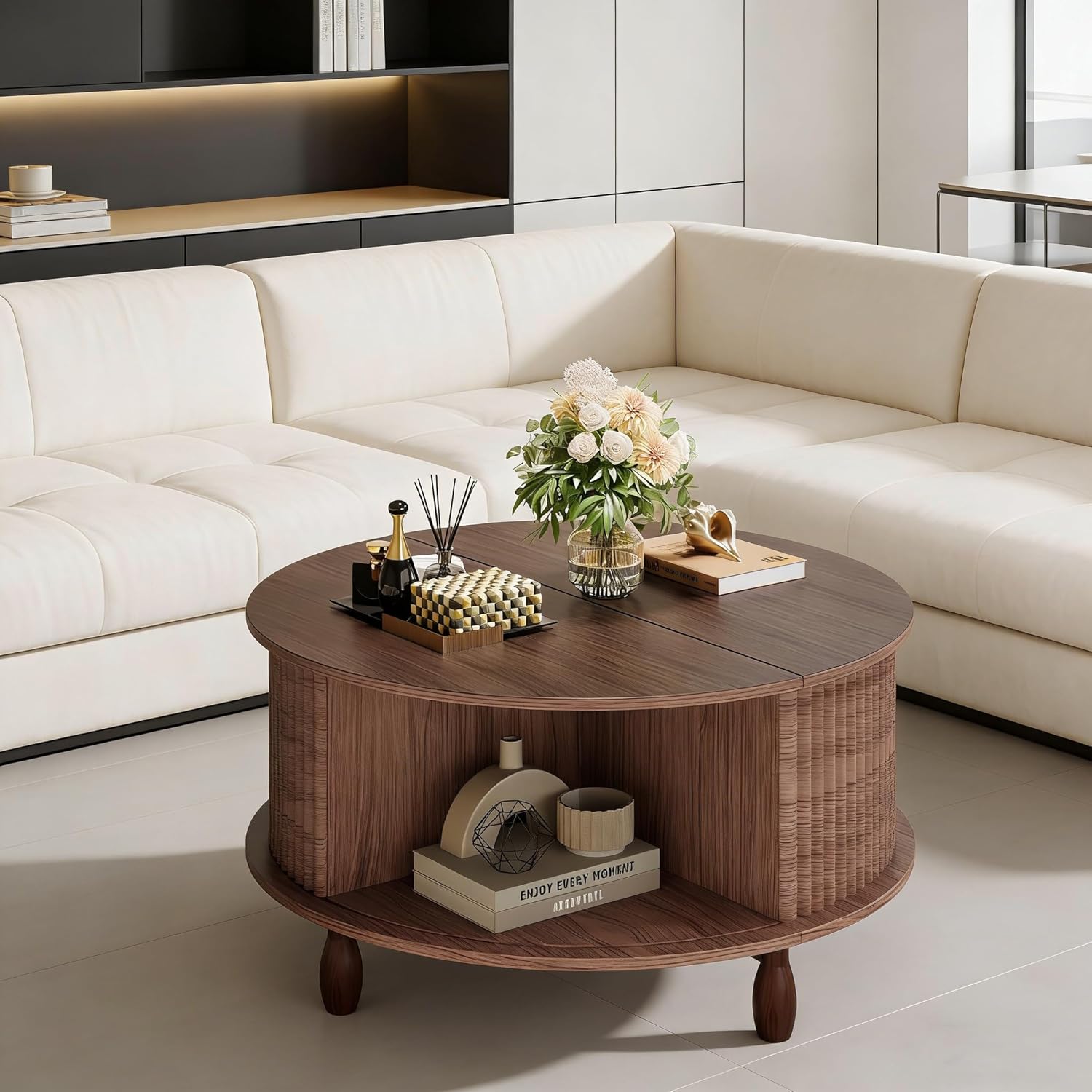 Small Round Coffee Table with Storage, 31.5" Mid Century Modern Coffee Tables with 180° Sliding Cabinet Door, Fluted Circle Drum Center Table for Living Room Small Space, Walnut