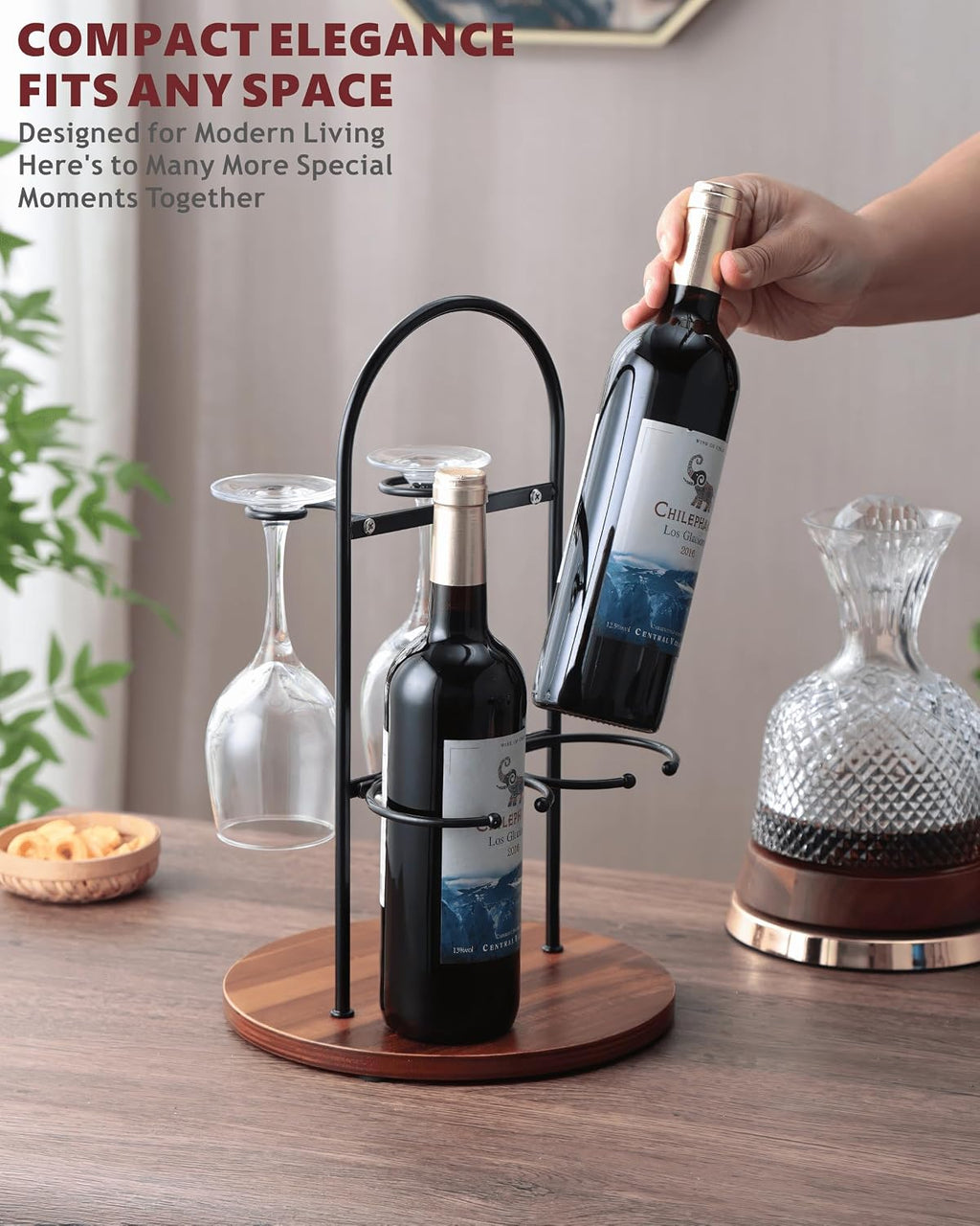 Wine Bottle and Glass Holder for Countertop | Small Wine Rack for 2 Bottles & 2 Glasses | Modern Tabletop Wine Storage with Round Wood Base | Freestanding Wine Stand & Caddy for Home Bar (Black)