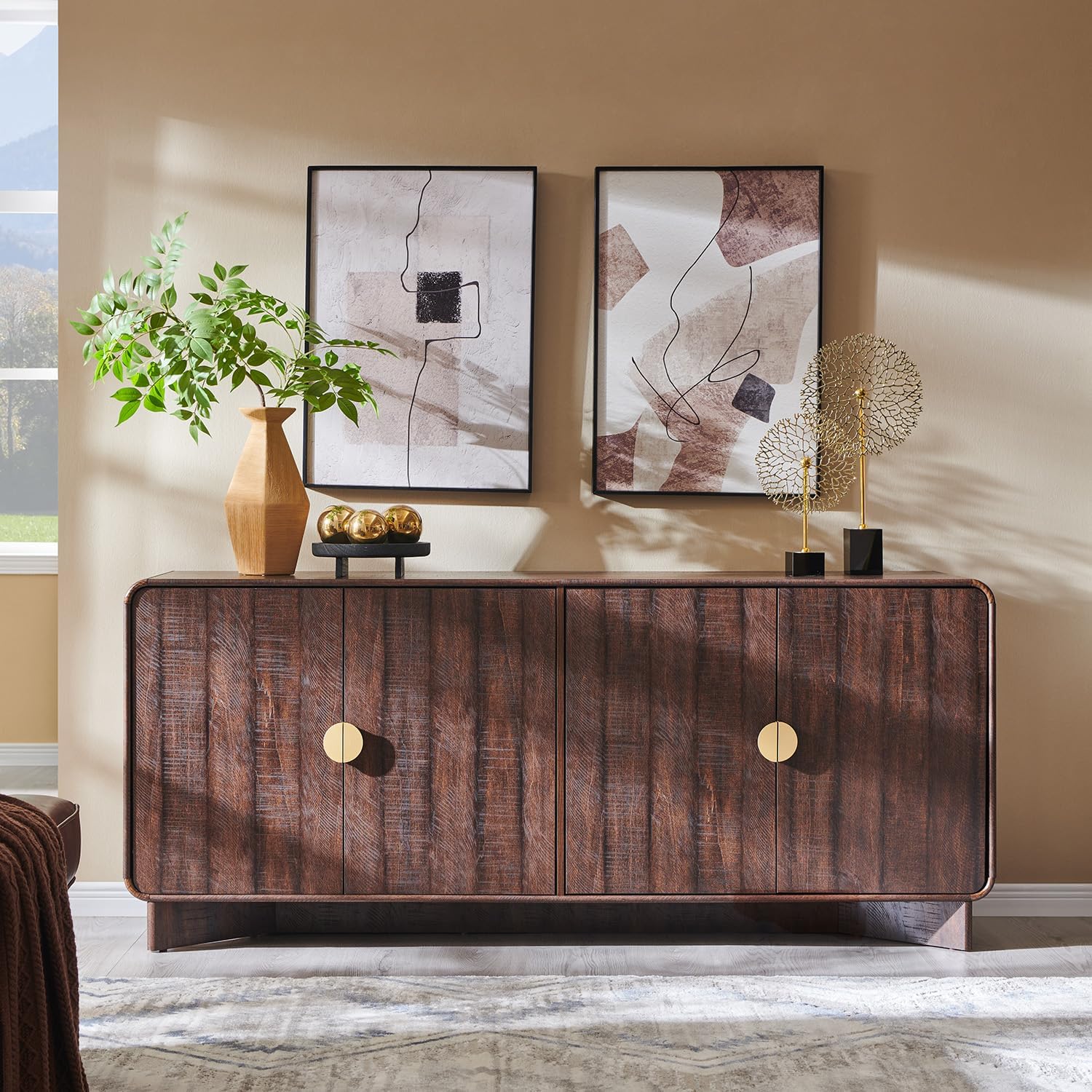IFGET Modern Buffet Cabinet with Storage, 70" Large Sideboard Buffet Storage Cabinet with 4 Doors and Adjustable Shleves, Wooden Curved Coffee Bar for Dining Room, Kitchen, Living Room, Brown