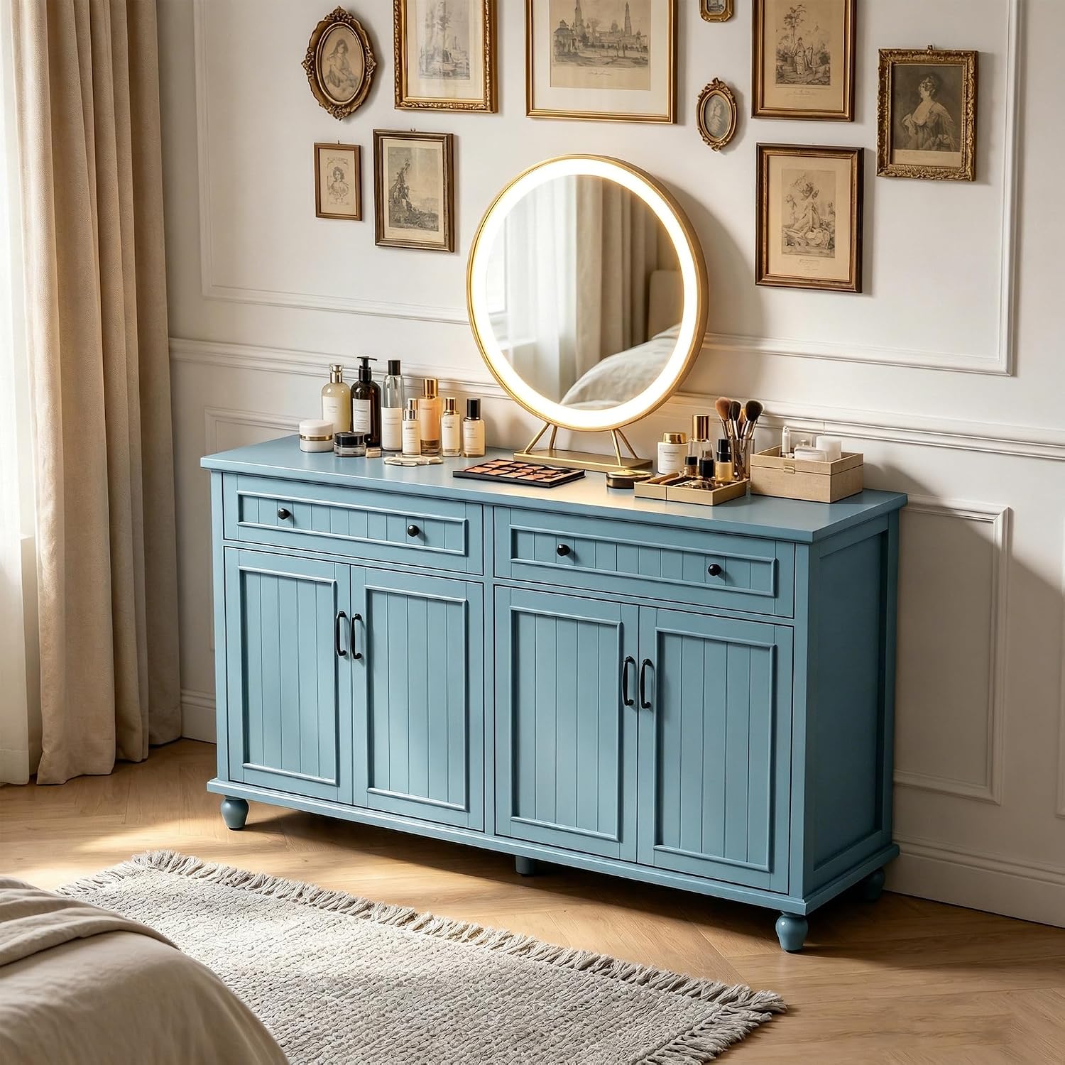 Scurrty Sideboard Buffet Cabinet, 62'' Large Storage Cabinet with Drawers and 4 Doors, Vintage Coffee Bar Cabinets with Adjustable Shelf for Kitchen, Living Room, Blue