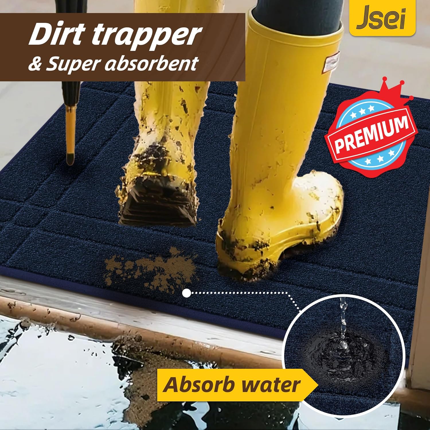 JSEI Entryway Rugs Doormat 24"x36", Non-Slip Dirt Trapper Door Mats Indoor, Washable Absorbent and Stain Resist Welcome Floor Mat for Front Door, Dog Door Mat, Dirty Wet Shoes & Paws, Navy Blue