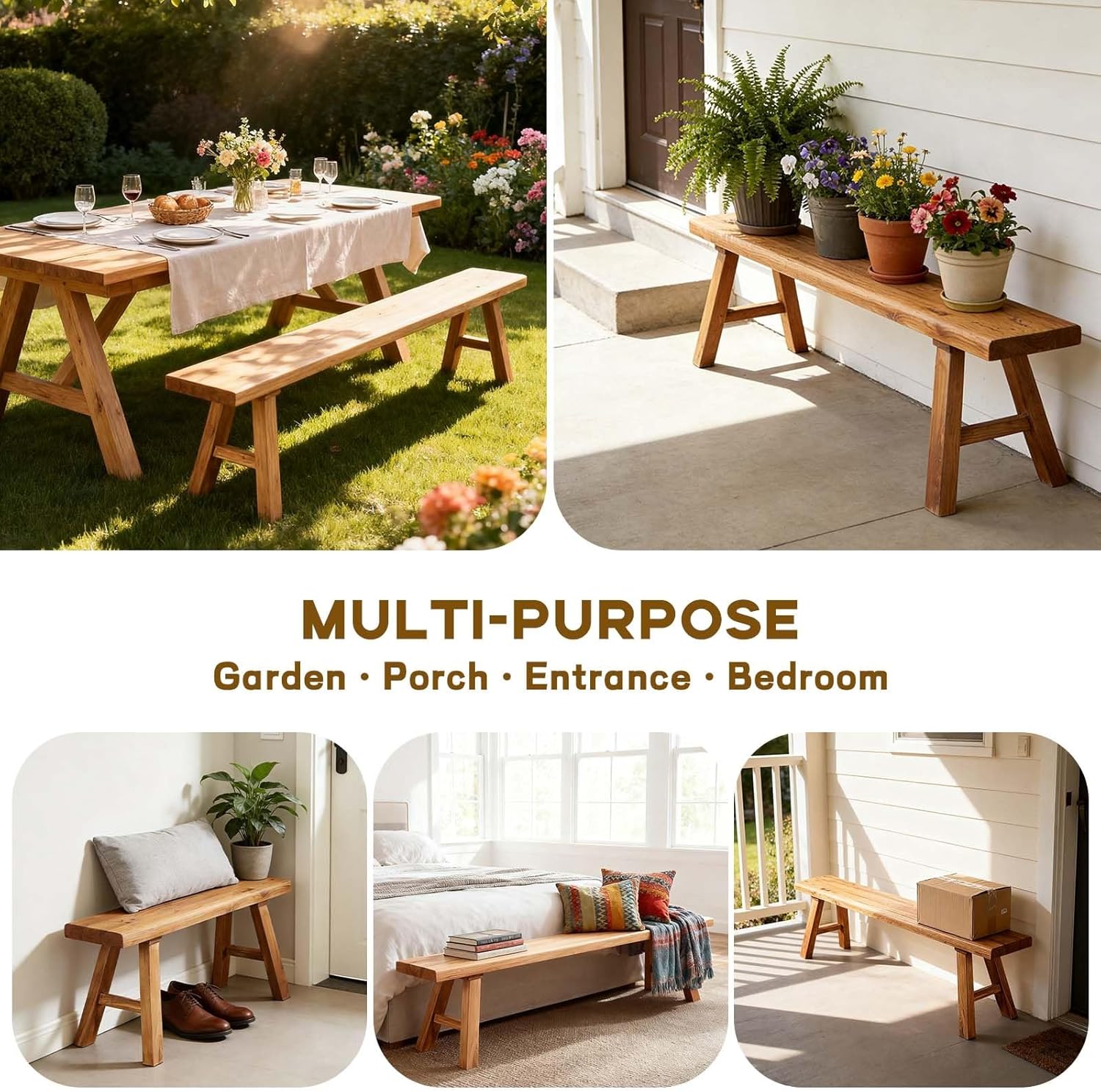 Narrow Entryway Bench Farmhouse Wood End of Bed Bench 20" 32" 39" 47" 55" 63" 71" 79" Sturdy Stable Skinny Long Benchs for Bedroom Hallway Dining Room Porch Easy to Assemble Natural Finish(47")