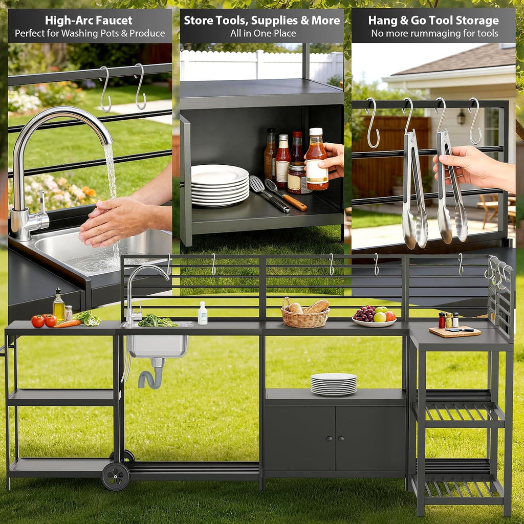 LEVELEVE Modular Outdoor Kitchen Island 5-Piece Set, Aluminum Outdoor Prep Station Grill Cart with Independent Sink, Storage Cabinets & Shelves for Backyard Patio Deck
