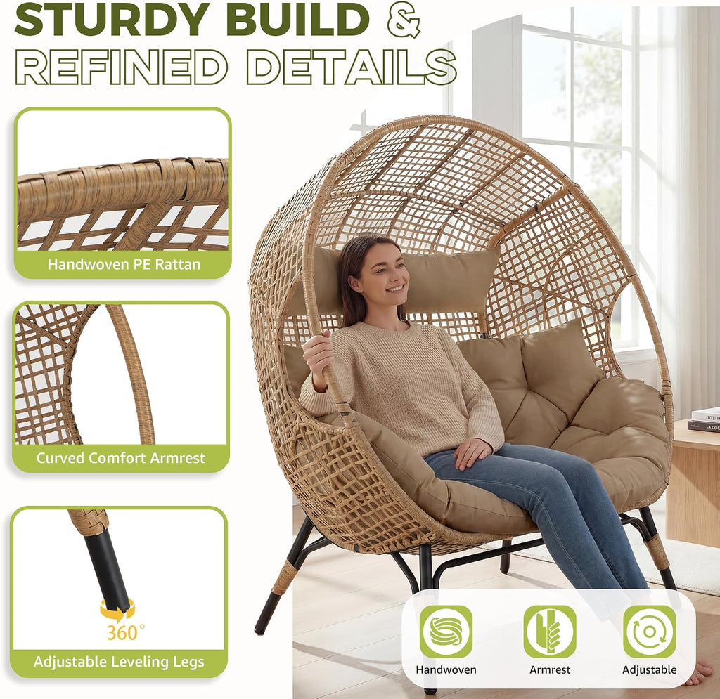 RADIATA 2-Person Double Egg Chair, 57.1" Extra Wide Outdoor Wicker Loveseat with 6.5" Thick Cushion, 600 lbs Capacity Oversized Lounge Chair for Patio, Porch, Backyard,Balcony or Indoor Use,Brown