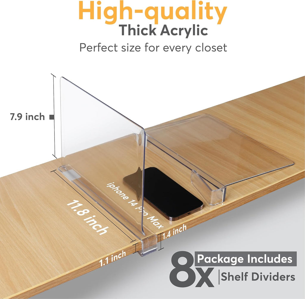 8 Pack Acrylic Shelf Dividers for Closet 11x7.9 Inch – Acrylic Dividers for Shelves Clear Closet Shelf Separators for Purses, Clothes Storage – Vertical Bookshelf Dividers for Bedroom & Kitchen