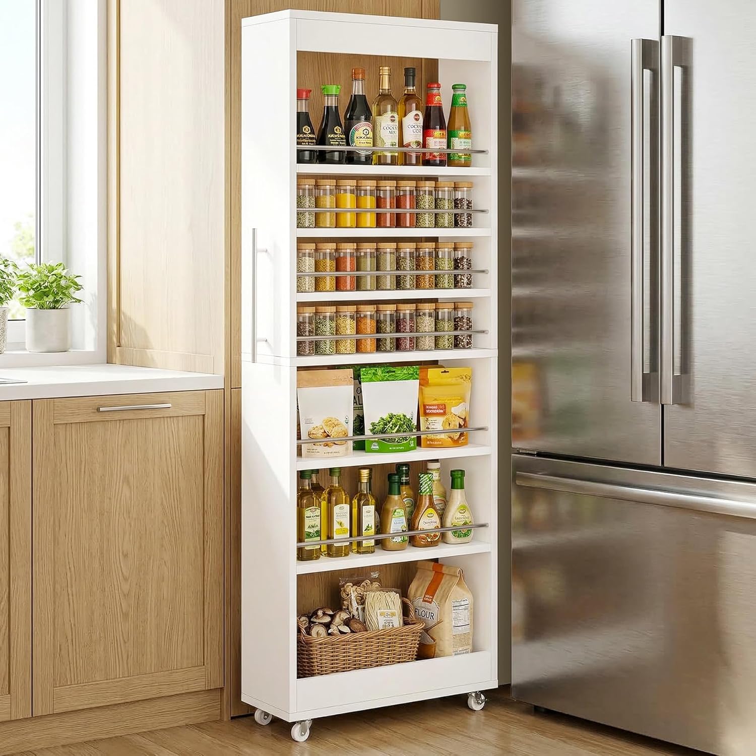 Tribesigns 73" Tall Slim Storage Cart on Wheels, 7-Tier Narrow Pantry Cabinet, Rolling Skinny Spice Rack Organizer Next to Fridge, Wooden Pull-Out Storage Shelf for Kitchen Small Spaces, White