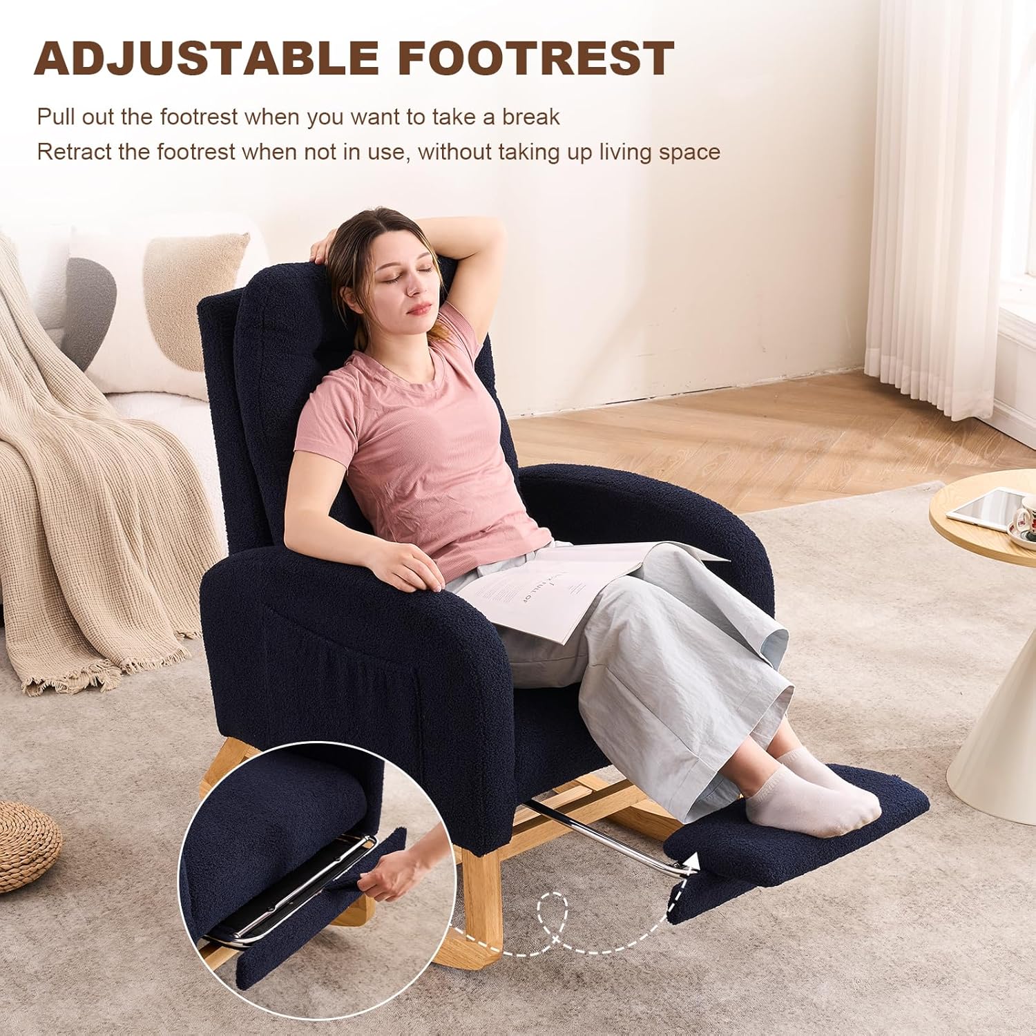 Nursery Rocking Chair,Rubber Wood Base Glider Rocking Chair with Adjustable Footrest and Side Pocket,Teddy Fleece Glider Rocker for Living Room, Bedroom (Teddy Fleece, Navy Blue)