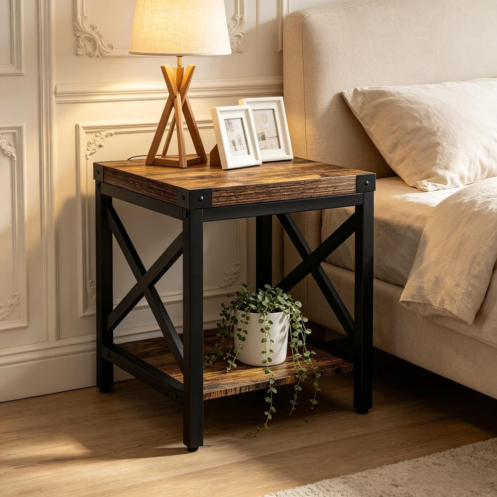 Industrial End Table for Living Room, 18" Large Square Side Table with 2-Tier Storage Shelf, X-Design Metal Frame, Rustic Brown Modern Farmhouse Nightstand Bedside Table for Bedroom Office