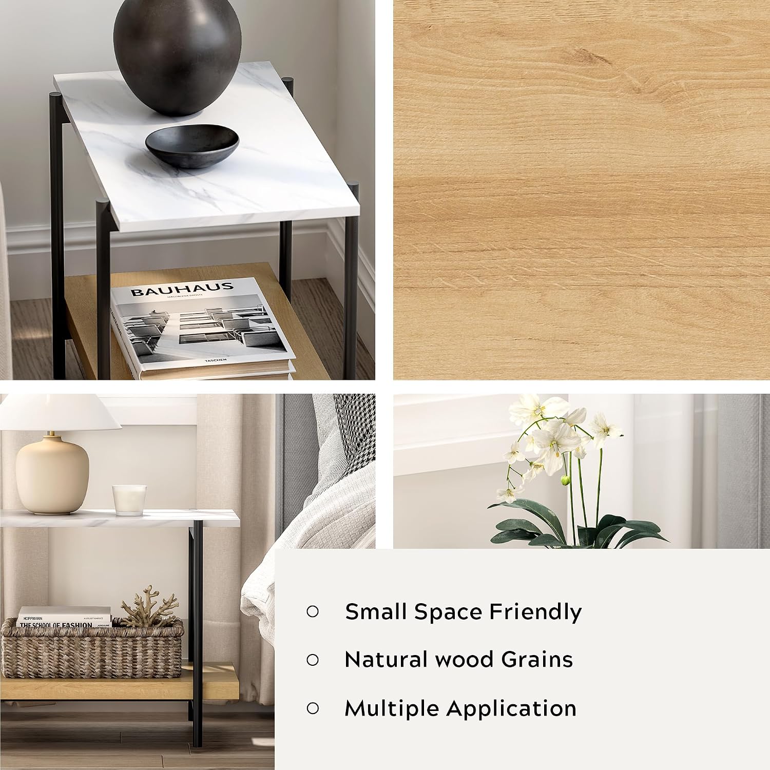 End Table with 2 Tier Wood Open Shelf, Rectangular Sofa Side Table with Metal Frame and Faux Marble, Bedside Nightstand for Bedroom Living Room Small Space, Natural Oak