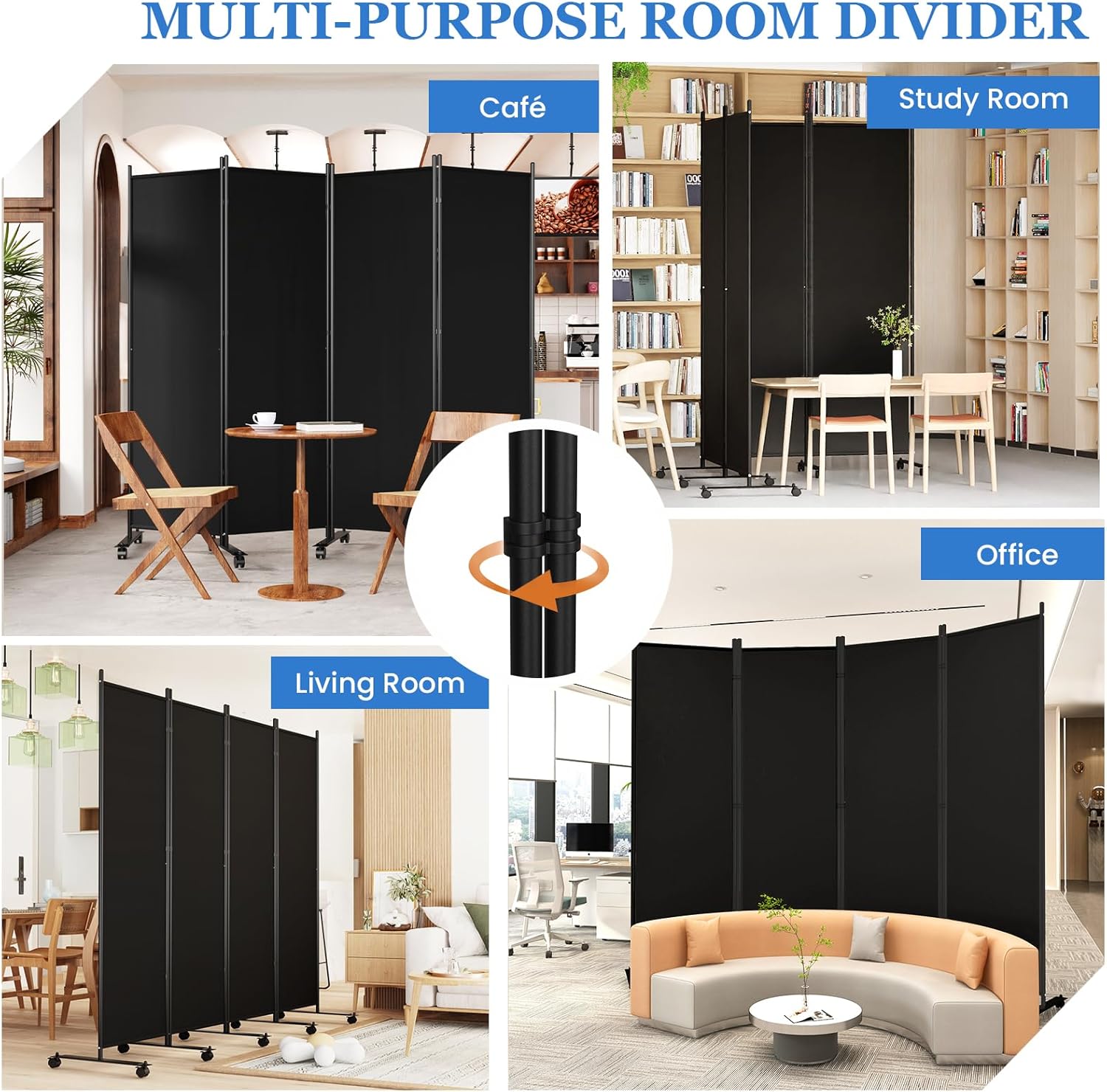 SUNALLY Room Divider 6FT Folding Privacy Screens with Lockable Wheels, 4 Panel Room Partition for Room Separator, 88" W Freestanding Portable Fabric Wall Dividers for Home Dorm Studio Office, Black