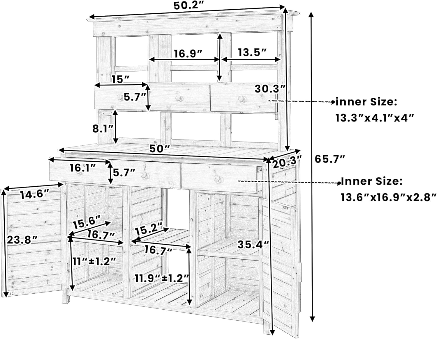 LUMISOL Garden Potting Bench Table with Hutch, Solid Fir Wood Patio Storage Workstation with 3 Shelves, 6 Drawers, 2 Bottom Cabinet and Side Hooks for Mudroom, Doorway, Natural