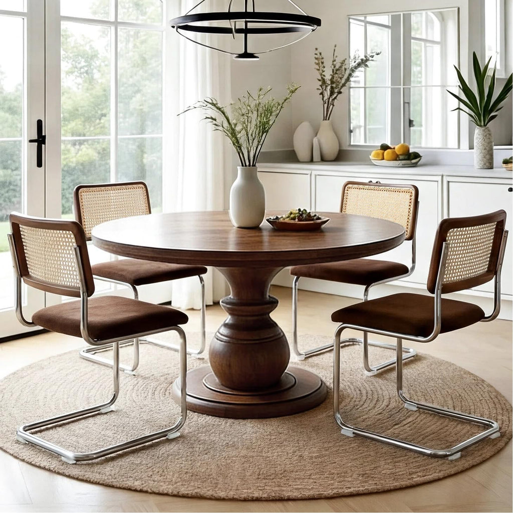 Zesthouse Rattan Dining Chairs Set of 4, Mid Century Modern Dining Room Chairs with Natural Cane Mesh & Chrome Base, Brown Cesca Chair Chenille Fabric, Farmhouse Kitchen Chair with Solid Wood Back