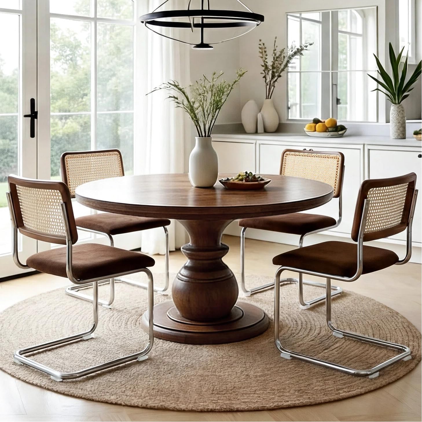Zesthouse Rattan Dining Chairs Set of 4, Mid Century Modern Dining Room Chairs with Natural Cane Mesh & Chrome Base, Brown Cesca Chair Chenille Fabric, Farmhouse Kitchen Chair with Solid Wood Back