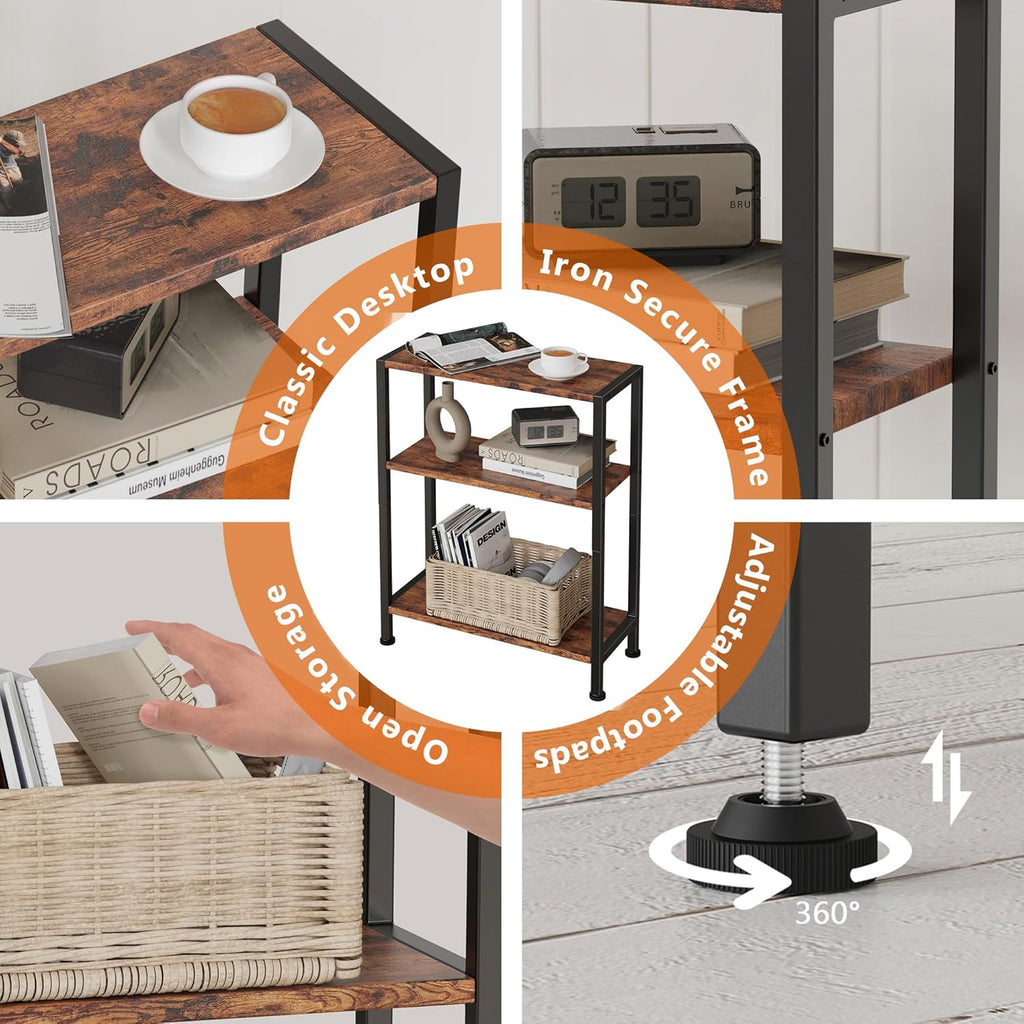 End Table with Charging Station, 3-Tier Side Table for Small Space, Skinny Nightstand with USB/Type C Port and 2 Outlets, Slim Beside Table for Living Room, Bedroom, Balcony, Rustic Brown