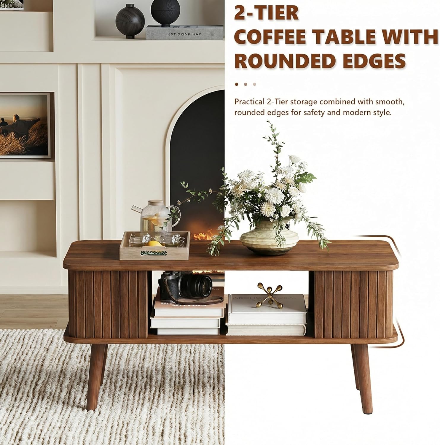 LAZZO Coffee Table with Storage Center Table for Living Room Rectangle Coffee Table with Rounded Edges,Easy Assembly, Walnut