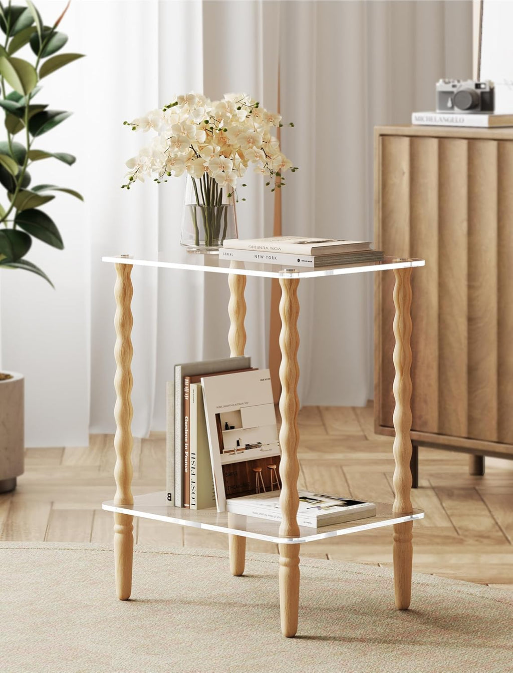 NiHome Spindle Side Table Acrylic Tabletop and Wooden Legs, 2-Tier Small End Table with Storage Shelf, Modern Wood Nightstand for Living Room, Narrow Rectangle Coffee Tables for Couch