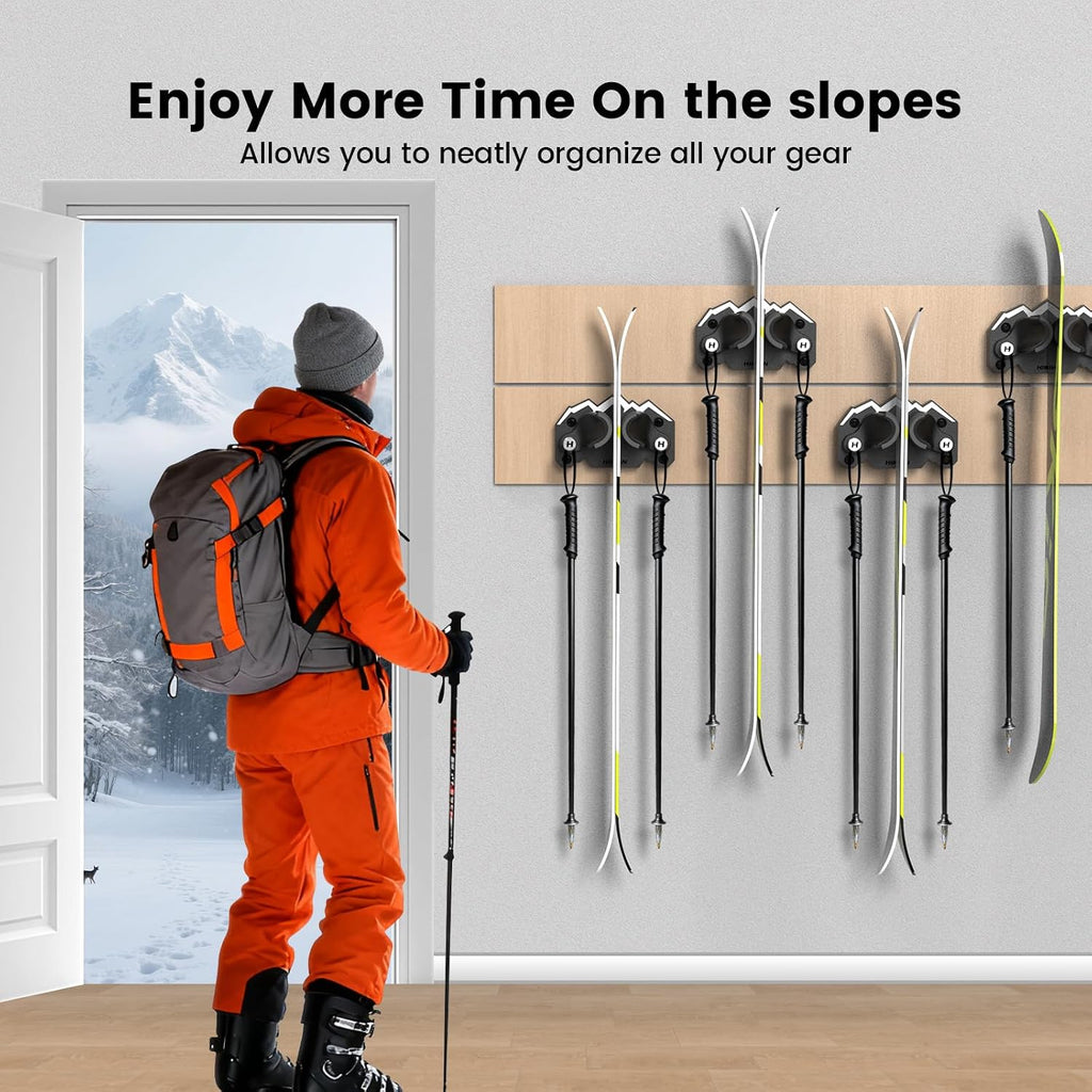 Hikeen Ski & Snowboard Wall Mount,Fits Any Ski or Snowboard, Ski Wall Rack Non-Slip Storage for Garage Organization,Space-Saving Winter Gear Organizer,2 Pack