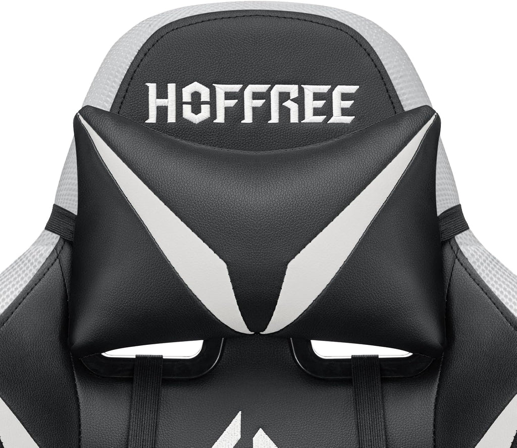 HOFFREE Gaming Chair Massage with Bluetooth Speakers and Led Lights Ergonomic Computer Gaming Chair with Footrest RGB Video Game Chair with High Back Lumbar Support White and Black