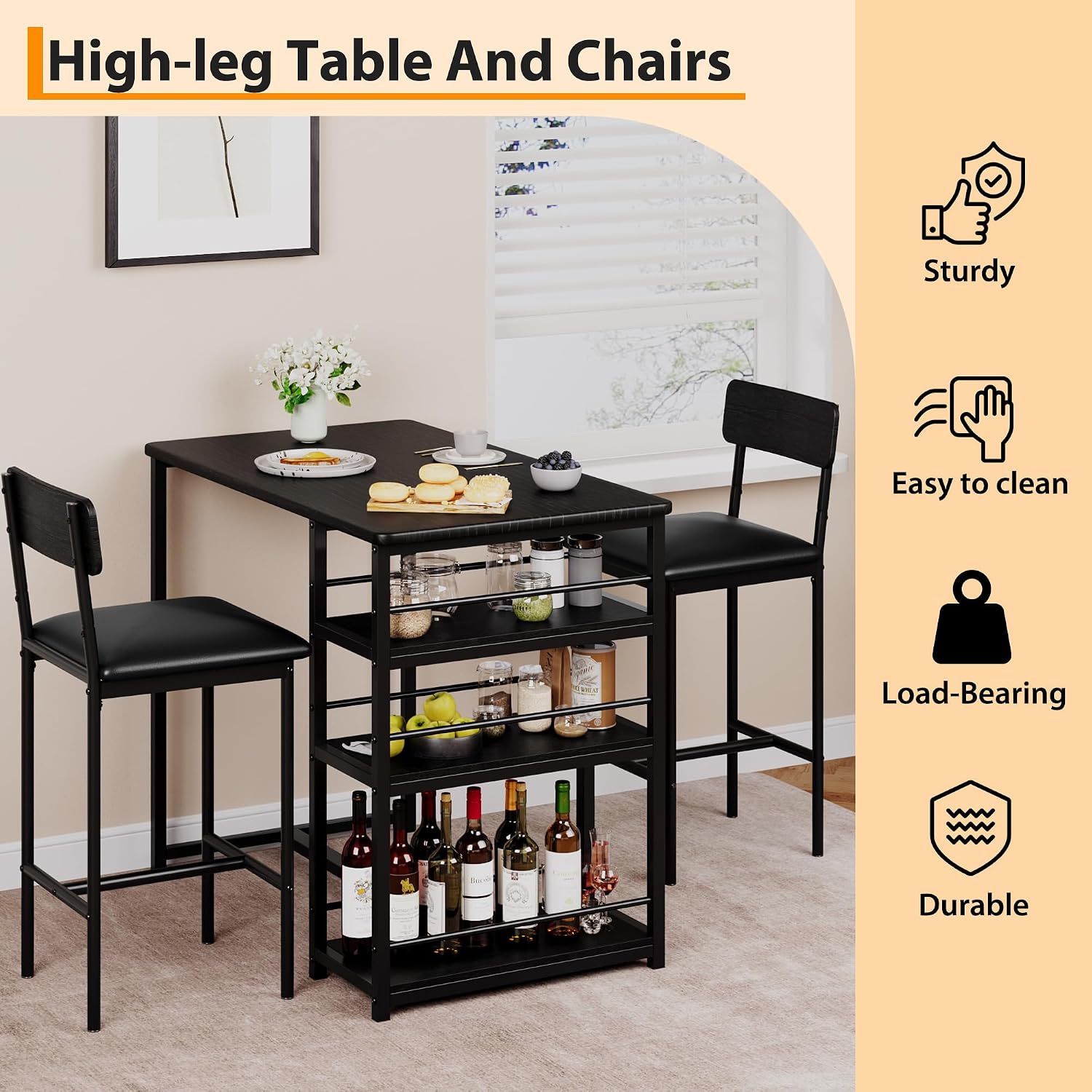 3 Piece Counter Height Dining Table Set for 2 with 3-Tier Storage Open Shelves & Upholstered PU Cushion Chairs, Space Saving Kitchen Table for Small Spaces, Apartment, Pub, Breakfast, Black
