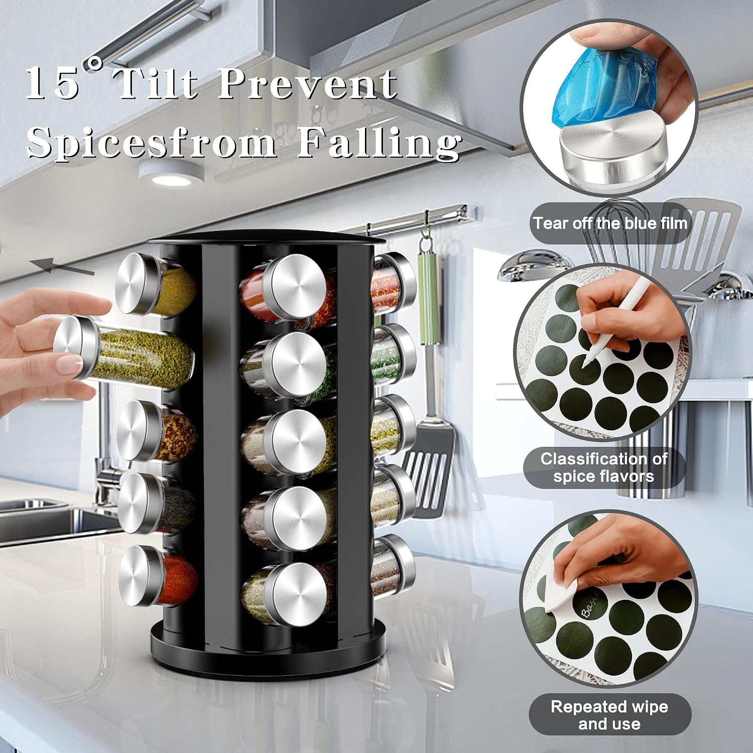 Handisen Rotating Spice Rack Organizer for Cabinet, Spice Racks Storage with 20 Jars, Spinning Spice rack for Kitchen Countertop, Spice Holder,Seasoing Storage Racks, Silver