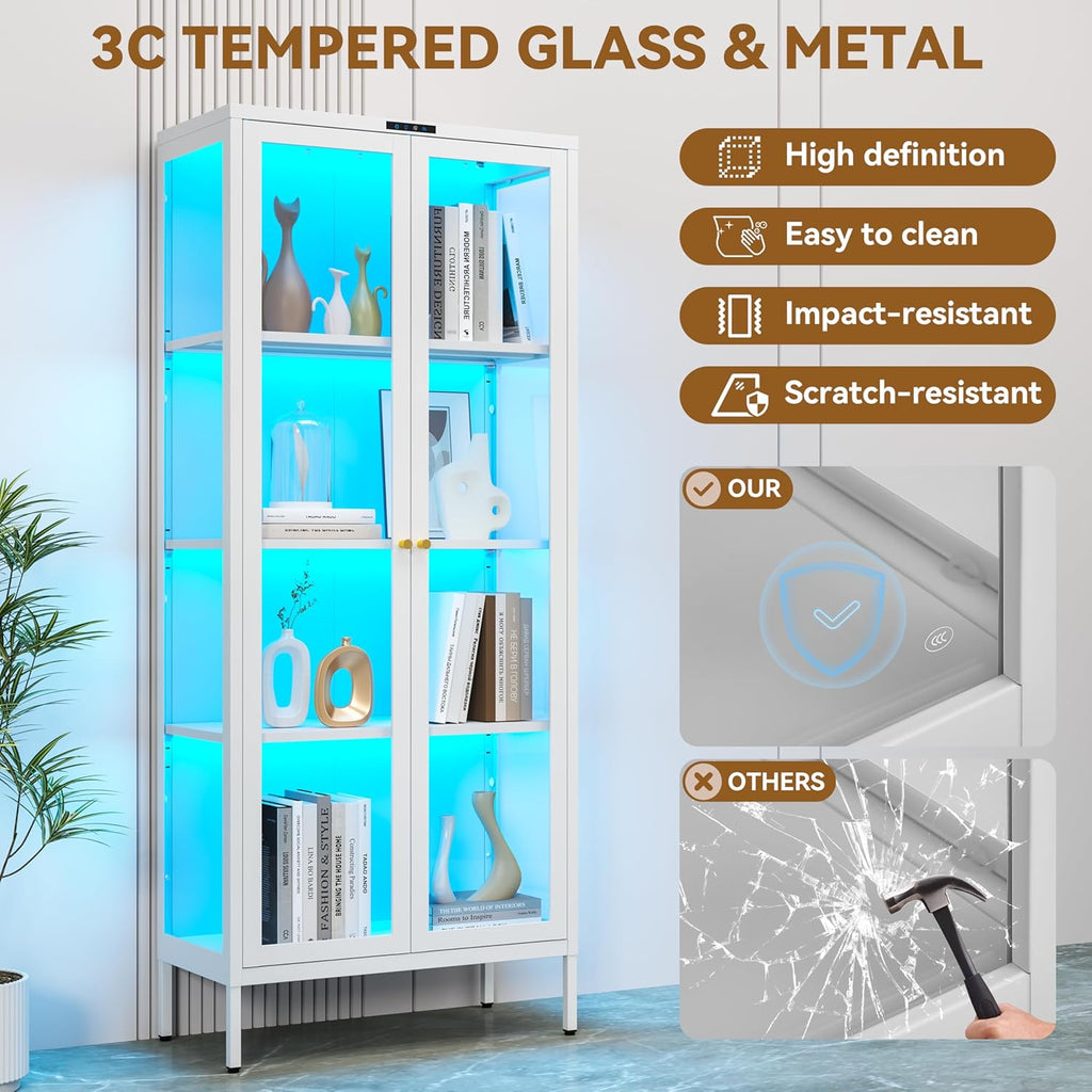 Polup Metal Glass Display Cabinet with Glass Doors, Lighted Curio Cabinet with 8-Color LED Lights, 66 Inch Tall Display Case for Collectibles, Plants, White Glass Cabinet for Living Room