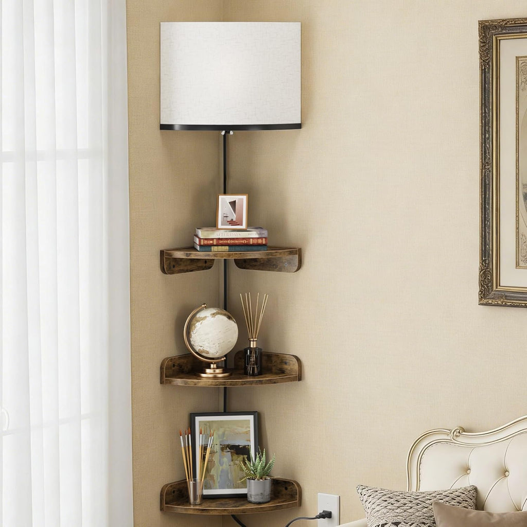 YAOHUOO Corner Shelf Wall Mounted with Light, Set of 3 Corner Floating Shelves with Cord Hole for Cable Box, Round End Wall Mounted Floating Shelf for Bedroom, Living Room and Kitchen, Rustic Brown