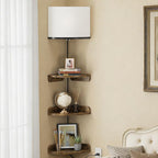 YAOHUOO Corner Shelf Wall Mounted with Light, Set of 3 Corner Floating Shelves with Cord Hole for Cable Box, Round End Wall Mounted Floating Shelf for Bedroom, Living Room and Kitchen, Rustic Brown