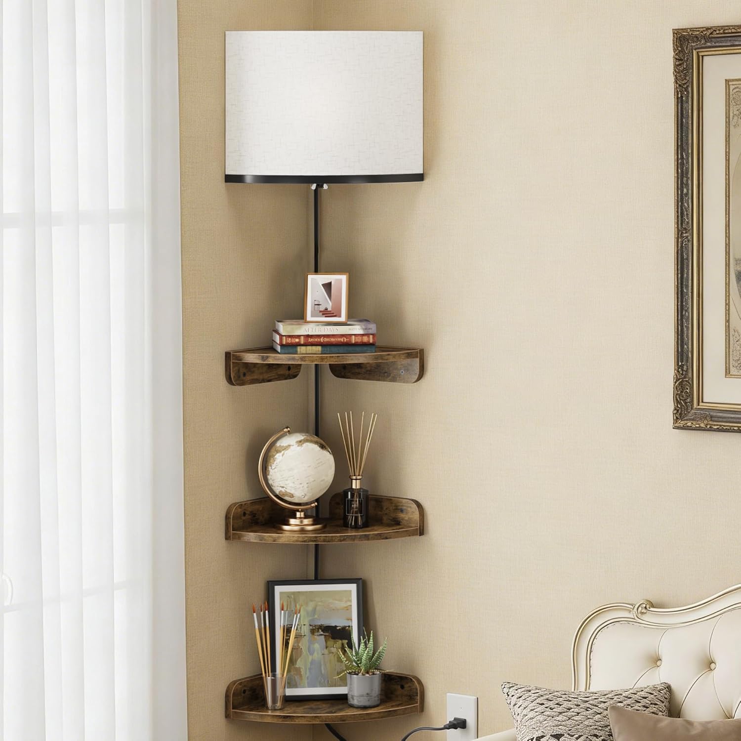 YAOHUOO Corner Shelf Wall Mounted with Light, Set of 3 Corner Floating Shelves with Cord Hole for Cable Box, Round End Wall Mounted Floating Shelf for Bedroom, Living Room and Kitchen, Rustic Brown