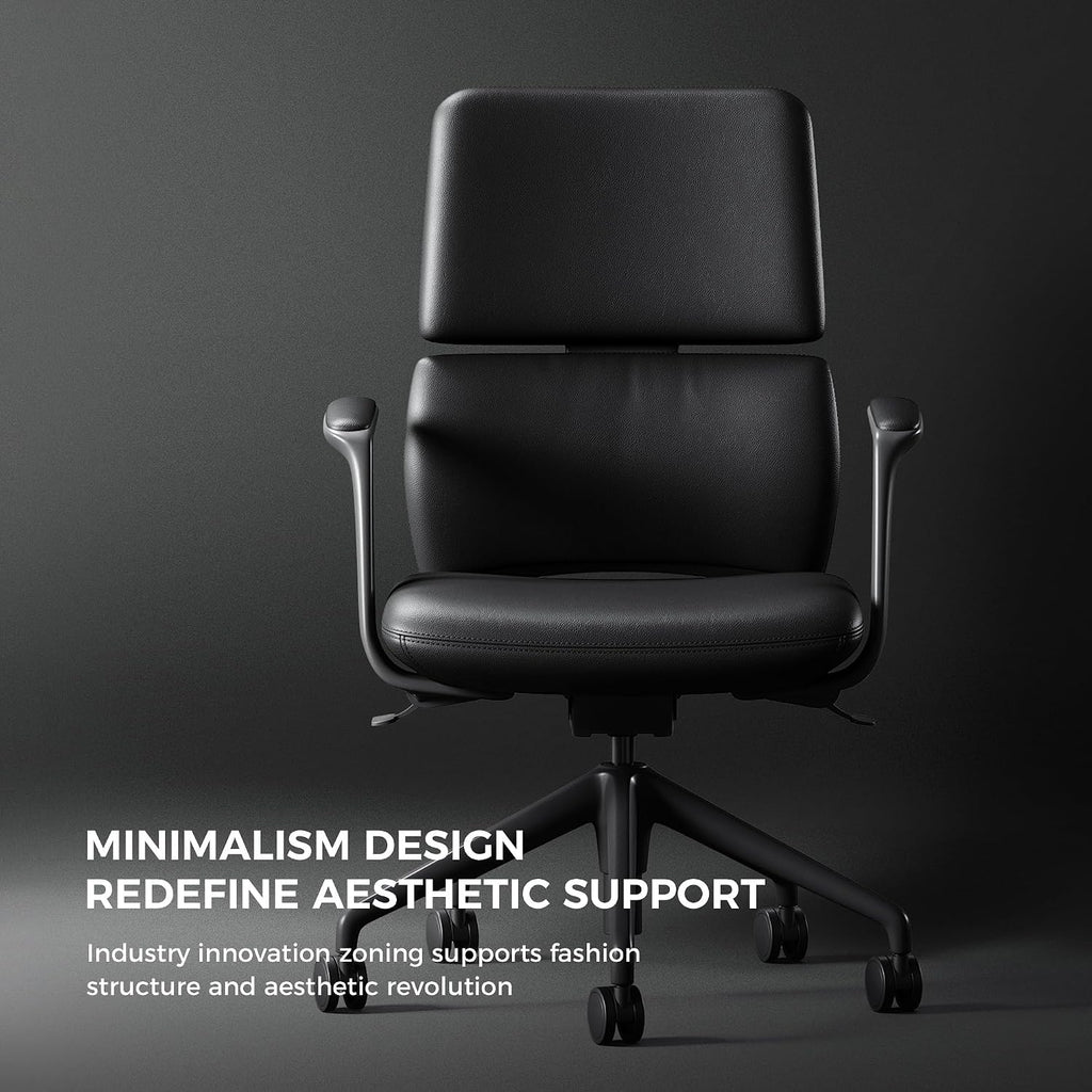 TOMU Genuine Leather Office Desk Chair with Wheels, Ergonomic Leather Executive Chair, Mid Back, Swivel Base with Adjustable Tilt, Modern Style, Luxury Aluminum Frame