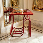 Red Curved Metal Side Table - Modern Square Accent End Table with Artistic Layered Frame, Minimalist Decorative Nightstand for Living Room, Bedroom, Entryway, Small Spaces, Easy to Clean