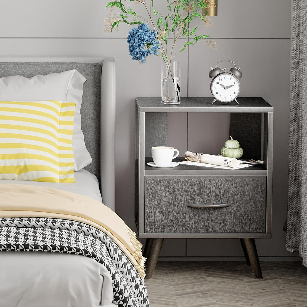 Aenuert Night Stand, Black Nightstand with Drawer, Side Table with Open Storage, 2-Tier Modern End Table, Bedside Table for Small Space, Living Room, Bedroom