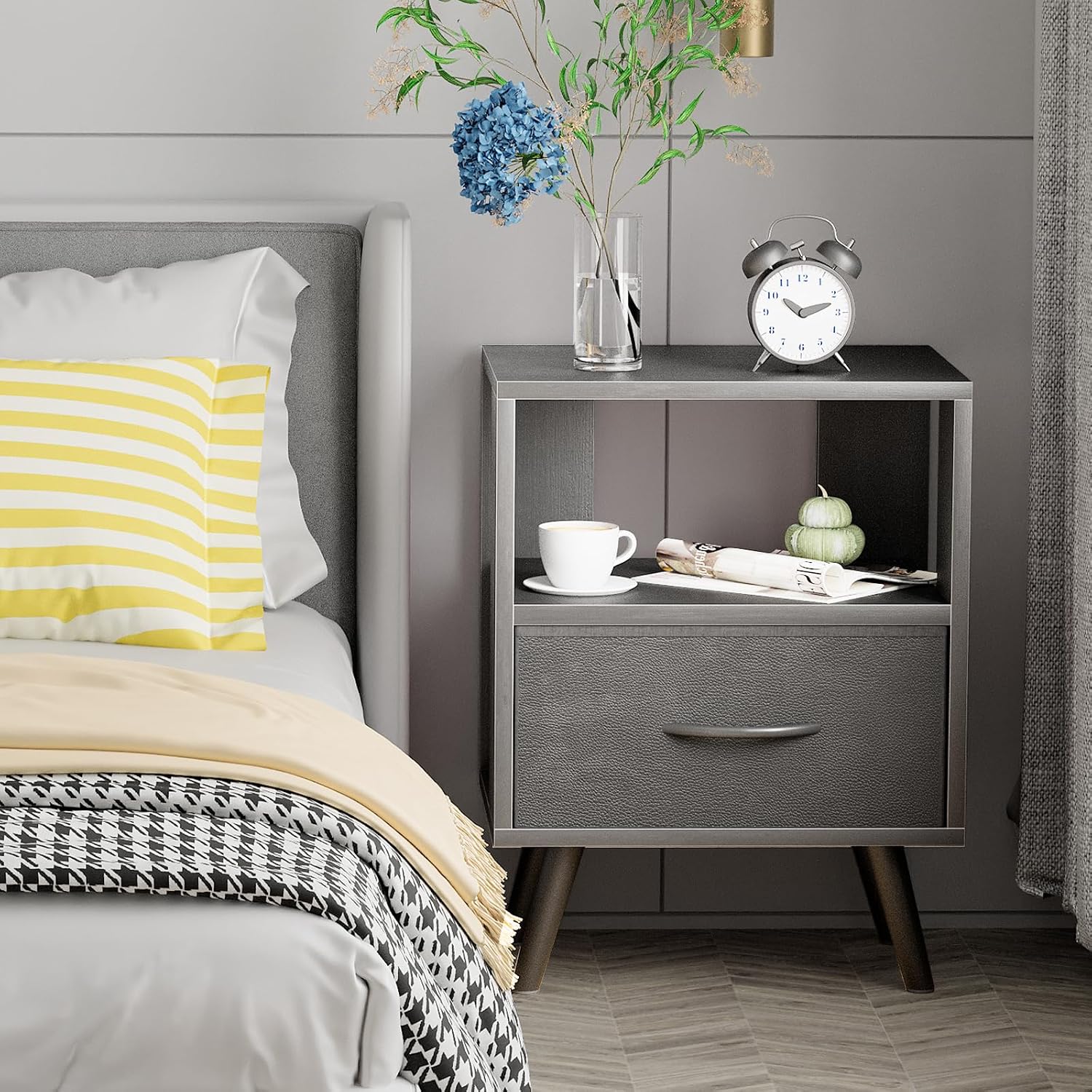 Aenuert Night Stand, Black Nightstand with Drawer, Side Table with Open Storage, 2-Tier Modern End Table, Bedside Table for Small Space, Living Room, Bedroom
