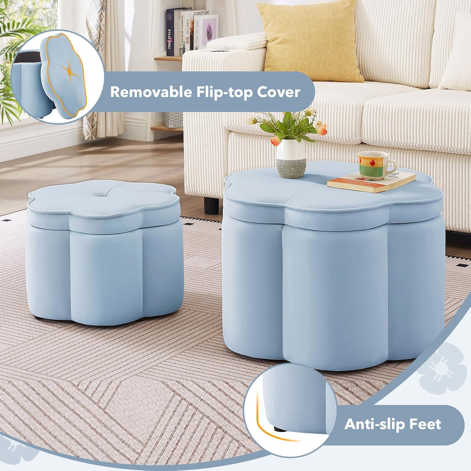 Set of 2 Round Ottomans, Velvet Upholstered Storage Ottoman with Flower Shape, Modern Vanity Stool with Storage, Ottoman Coffee Table for Bedroom, Living Room (Seaglass)