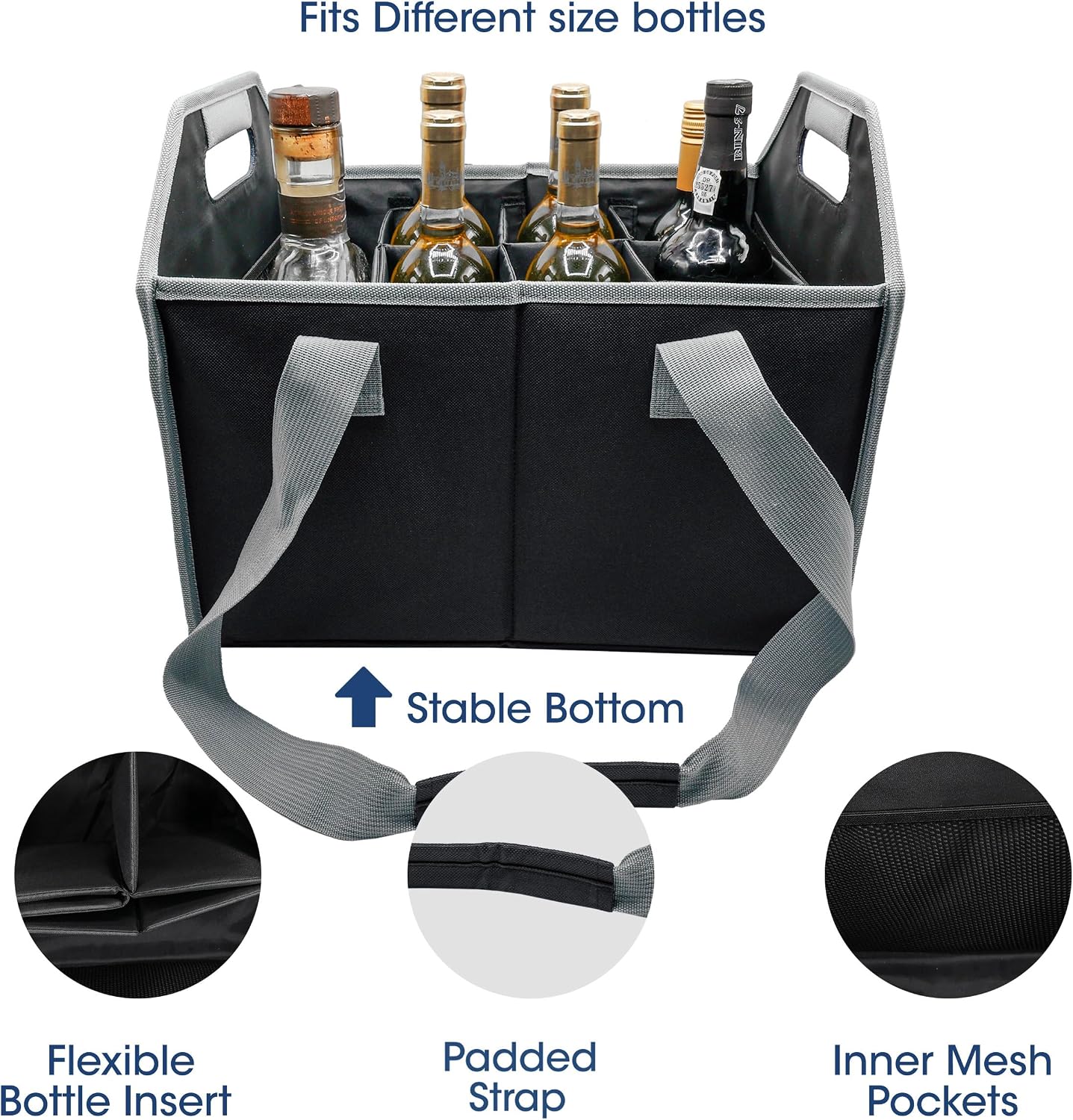 12 Bottle Wine Carrier Collapsible Reusable with Strap for Liquor Champagne Beer Glasses Storage Shopping Travel (Black)