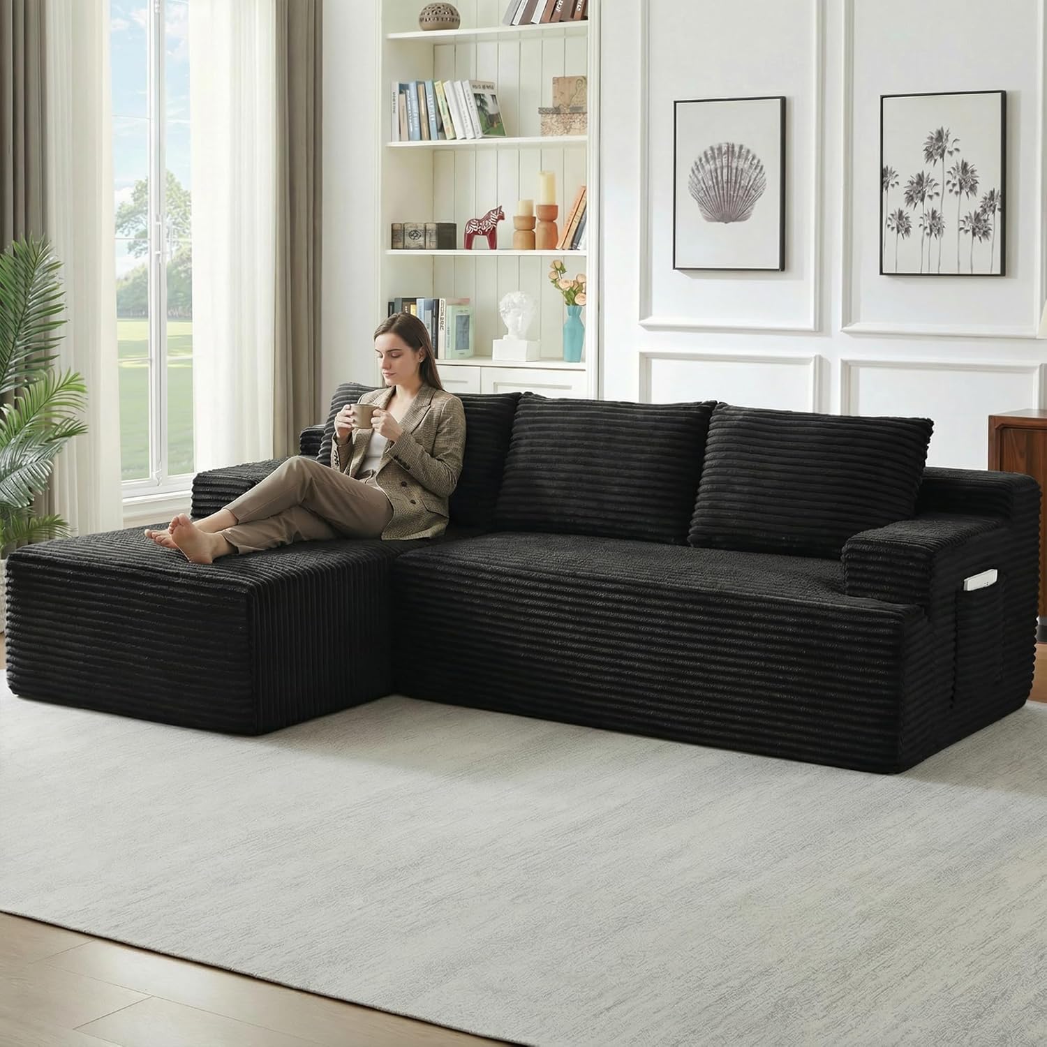 96.1" Cloud Sectional Couch, Modern Modular L Shape Sectional Sofa with Deep Seat Chaise, Comfy Corduroy Boneless Couches for Living Room (Black, Left Chaise)