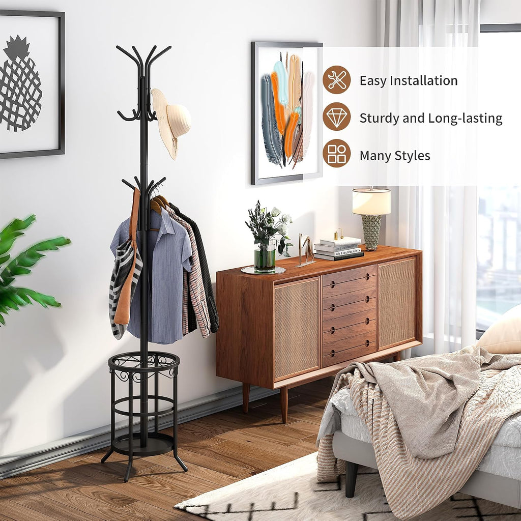 Coat Rack Freestanding with Umbrella Stand Coat Rack Stand with 12 Hooks Metal Coat Tree Coat and Hat Hanger Jacket Entryway(Black)